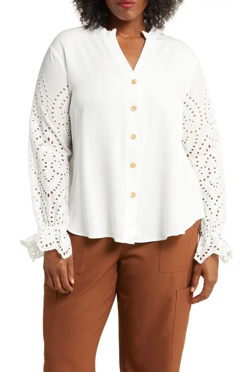 SB1090X Embroidered Eyelet Long Sleeve Button-Up Shirt