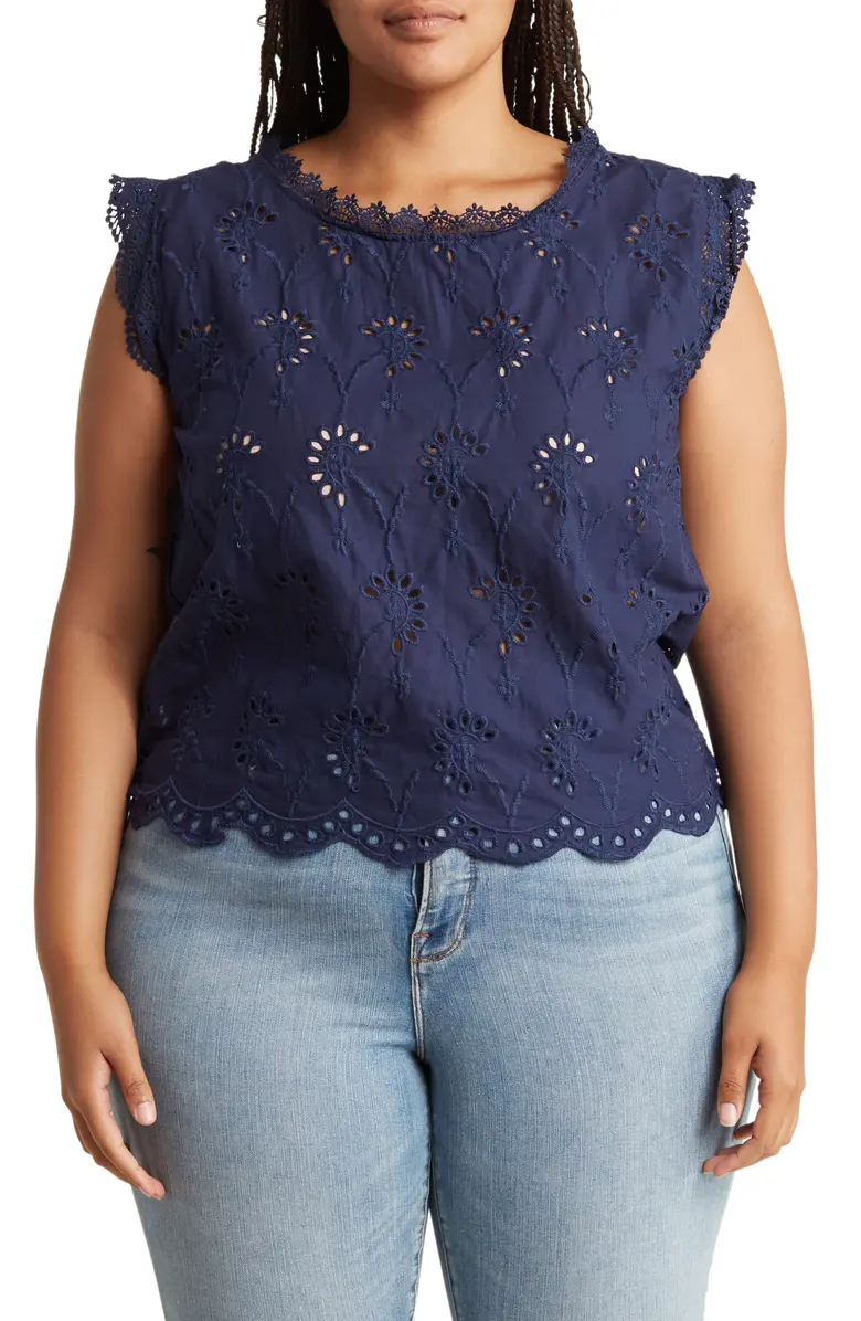 SB1096X Lace Trim Embroidered Eyelet Cotton Blouse