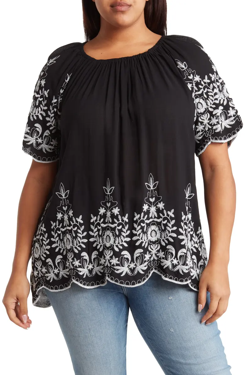 SB1196KX Embroidered Trim Peasant Tunic Top