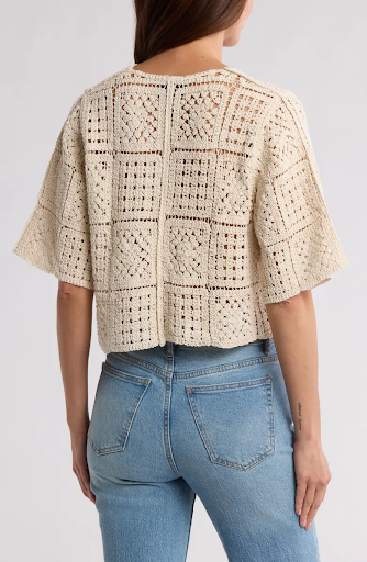 SB1827 Crochet Short Sleeve Button-Up Top
