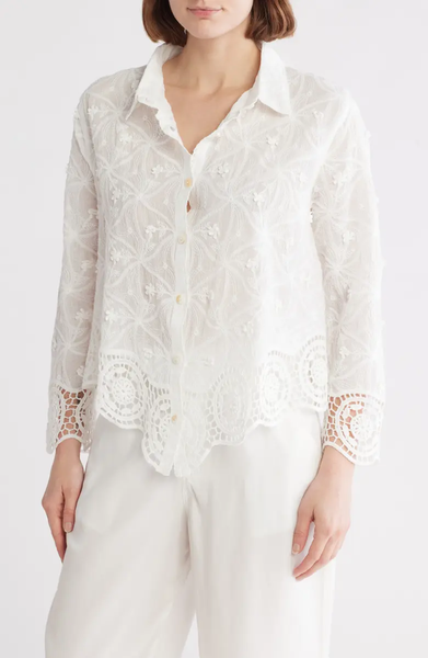 SB1888 Floral Embroidered Cotton Button-Up Shirt