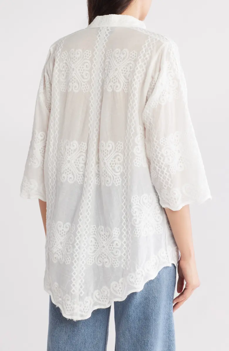 SB1891 Floral Emb Three-Quarter Sleeve Cotton Button-Up Shirt