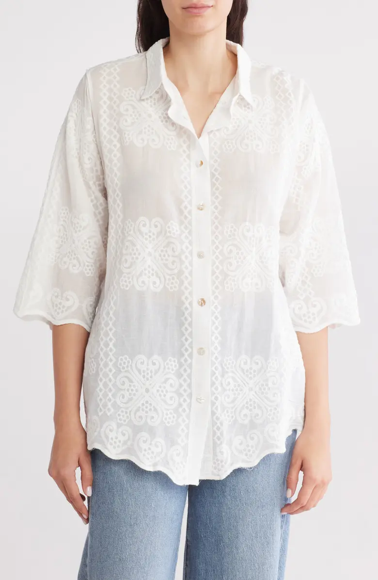 SB1891 Floral Emb Three-Quarter Sleeve Cotton Button-Up Shirt