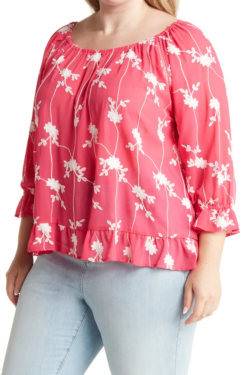 ST9202X Embroidered Ruffle Trim Blouse