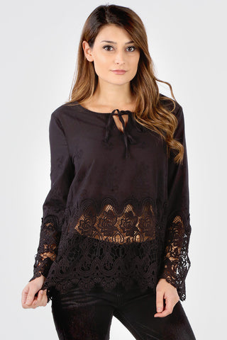 7377-34 Black Embroidered Smocked Waist Tunic