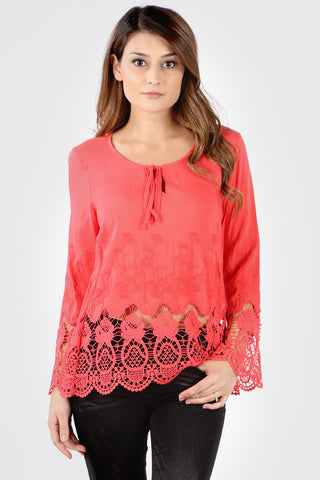 FG539 Coral Floral Embroidered Crochet Blouse