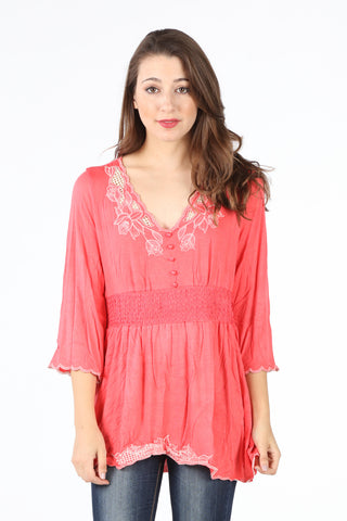 7377-34 Coral Embroidered Smocked Waist Tunic