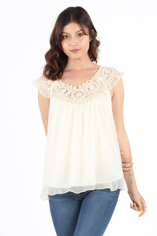 FG7226 Mixed Media Crochet Lace Top