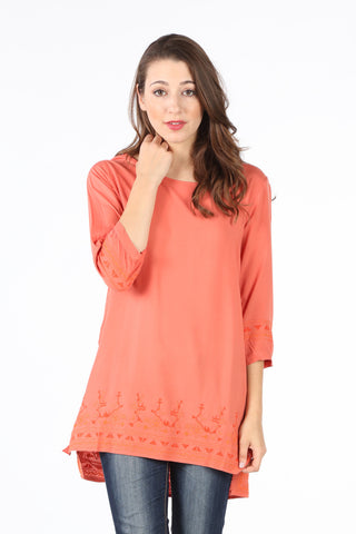 7377-34 Coral Embroidered Smocked Waist Tunic