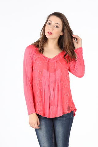 7377-34 Coral Embroidered Smocked Waist Tunic