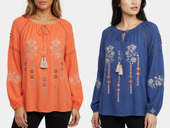 SB1094 Embroidered Keyhole Long Sleeve Tunic Top