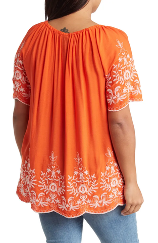 SB1196X Embroidered Trim Peasant Tunic Top