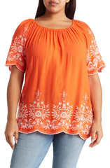 SB1196X Embroidered Trim Peasant Tunic Top