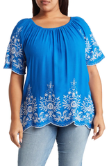 SB1196X Embroidered Trim Peasant Tunic Top