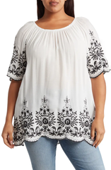 SB1196X Embroidered Trim Peasant Tunic Top