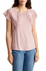 SB1212 Lace Cap Sleeve Mixed Media Top