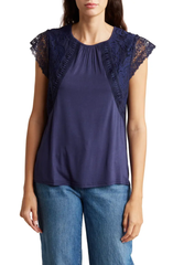 SB1212 Lace Cap Sleeve Mixed Media Top