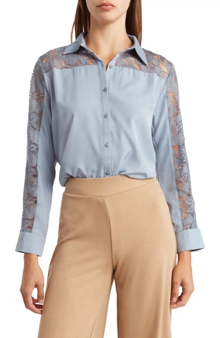 SB1244 Lace Inset Polished Button-Up Shirt