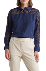 SB1244 Lace Inset Polished Button-Up Shirt