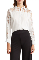 SB1244 Lace Inset Polished Button-Up Shirt