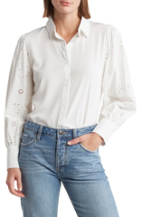 SB1340 Embroidered Eyelet Long Sleeve Button-Up Shirt