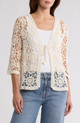 SB1498 Floral Crochet Tie Front Cardigan