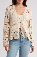SB1826 Crochet Circle Button Front Cardigan