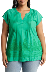 SB614X Pleated Embroidered Cotton Tunic Top