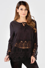 FG539 Black Floral Embroidered Crochet Blouse