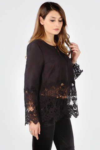 FG539 Black Floral Embroidered Crochet Blouse