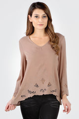 SB162 Mocha Floral Embroidered Cut Out Tunic