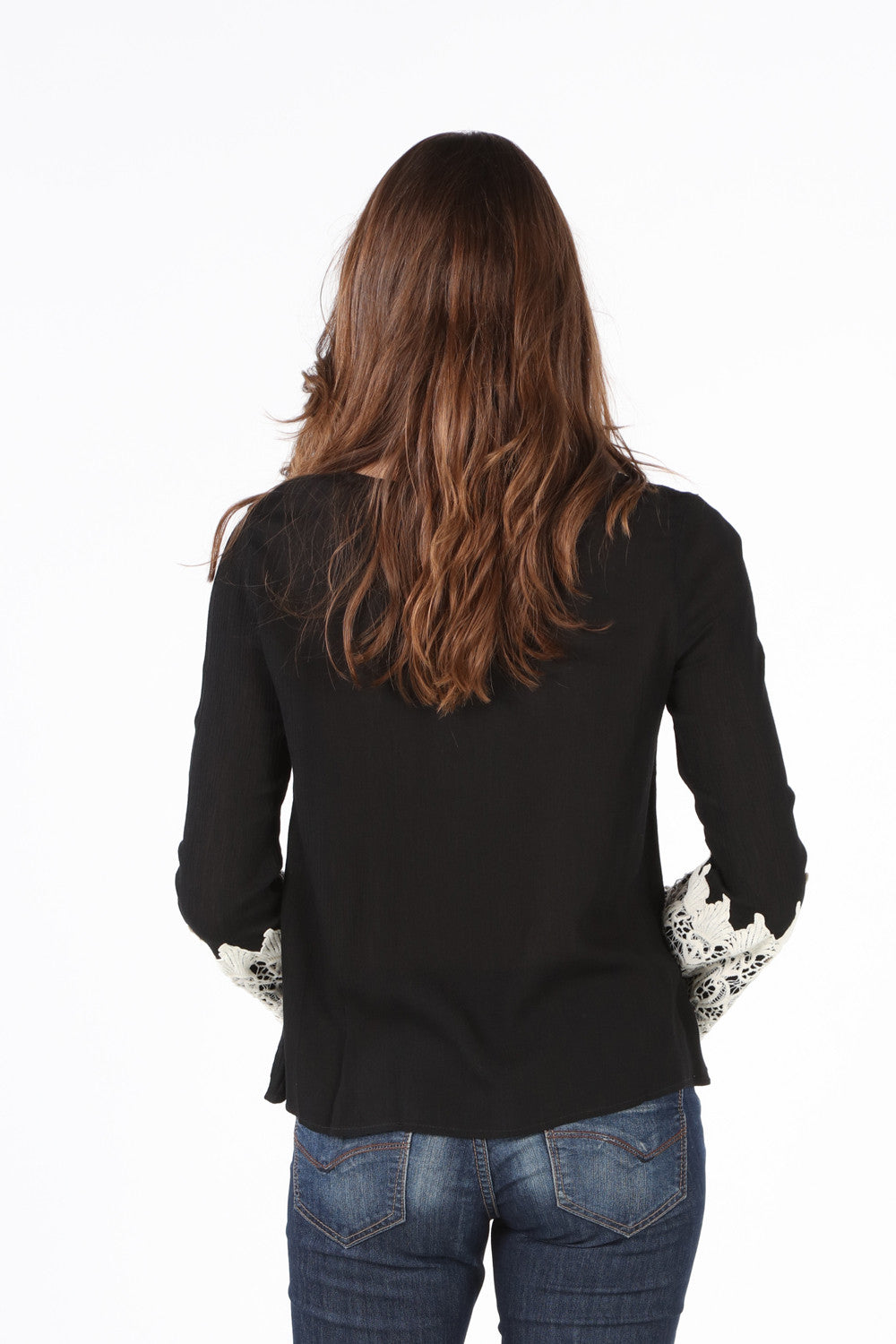LIV1018 Black Lace Tie Front with Crochet Trim