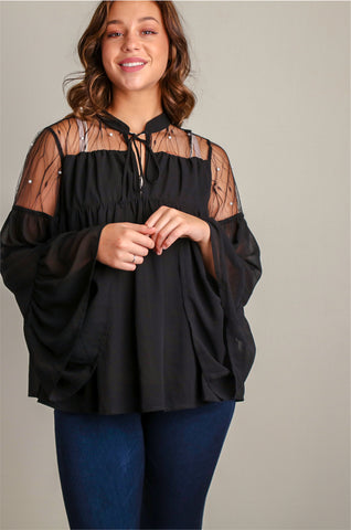 LIV1260 Black Bell Sleeve Lace & Pearls